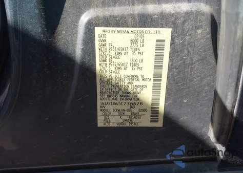 2005 Nissan Pathfinder Le z USA, uszkodzony, nr VIN 5N1AR18W25C736626